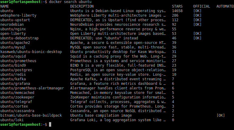 command line output showing ubuntu based docker images