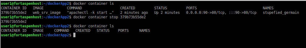 Command line output showing the stopping for a container