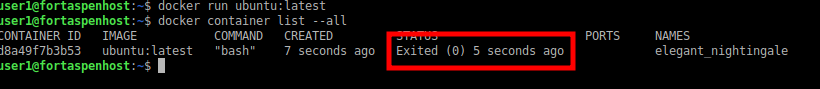 Command line output showing container using unammended Ubuntu image exited after 5 seconds