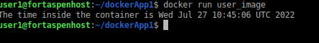 Command line output showing container being run and outputting message with date and time.