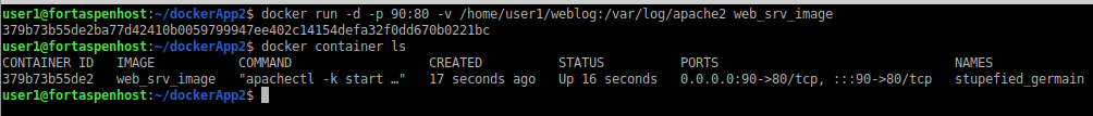 command line output showing container create from image and waiting for client requests.