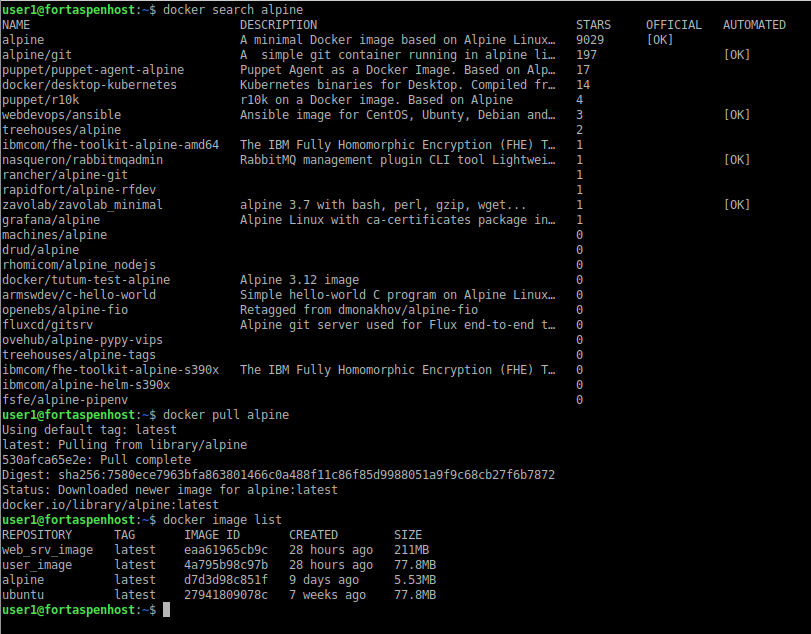 Command line output showing a list of Alpine-based images in the Docker Hub, and downloading an image to the local store