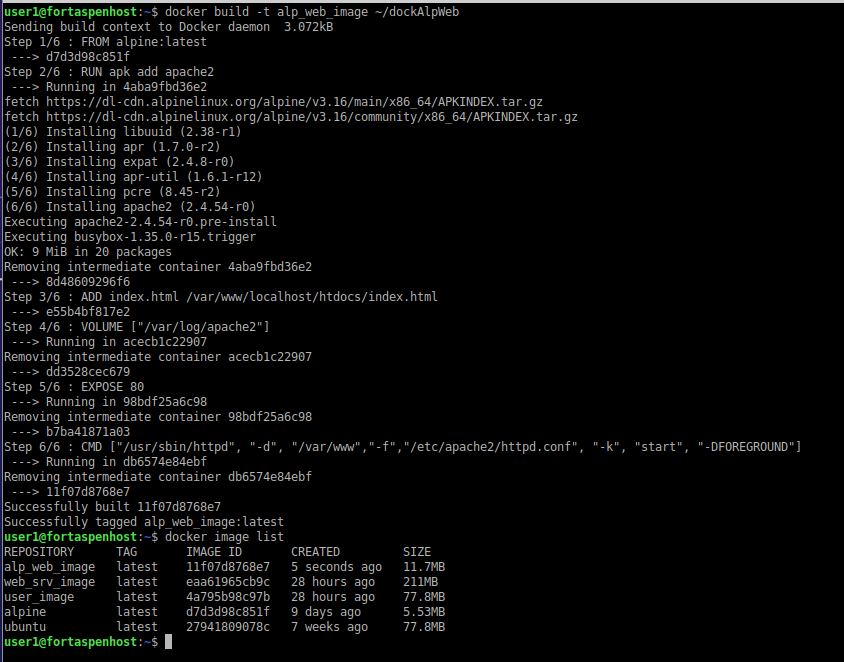 Command line output of building a Alpine-based image within Docker