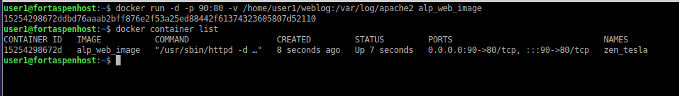 command line output of running an Apache2 web server within an Alpine based container.