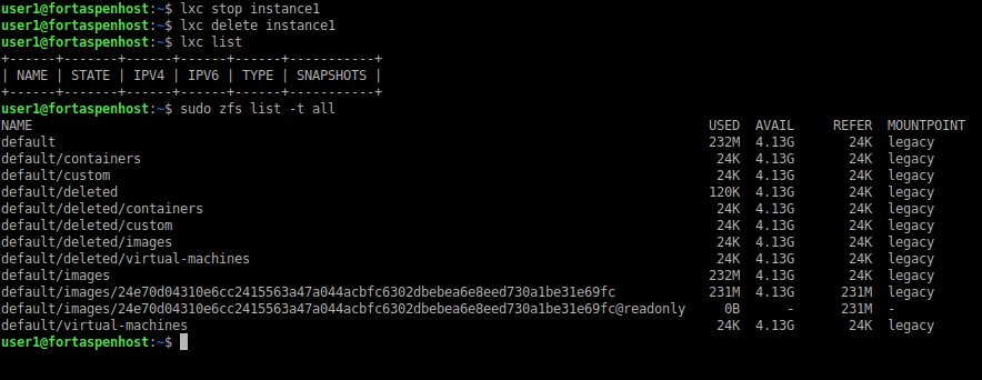 command line output showing the deletion of a container