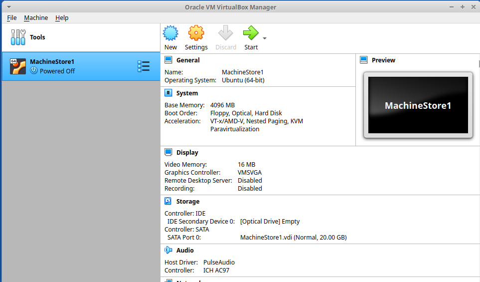 Screenshot of VirtualBox manager app after new VM created.