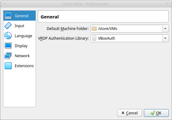 VirtualBox preferences dialog box showing host set up where virtual disks are stored.