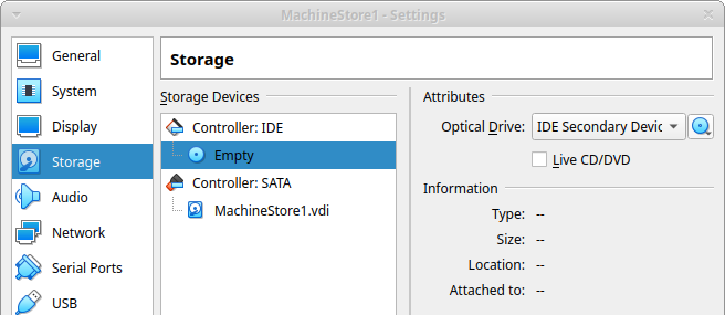 Screenshot showing no media is configured against VM