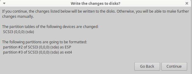 Screenshot of Xubuntu being installed in the VM (confirmation of default partition set up)