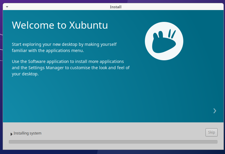 Screenshot of Xubuntu being installed in the VM (installation in process)