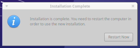 Screenshot of Xubuntu being installed in the VM (installation complete)