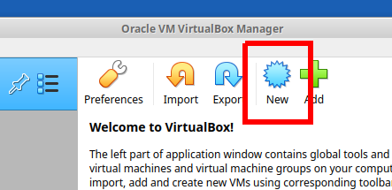 VirtualBox Manager app with new VM button highlighted 