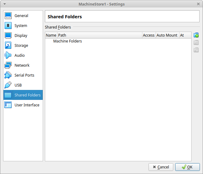 VirtualBox Manager app screen shown listing "shared folders" list currently empty.