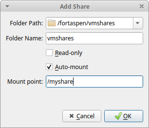 VirtualBox Manager pop up with details of share 