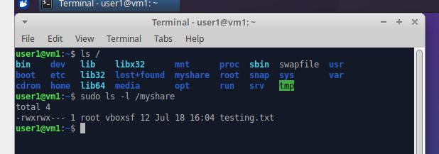 Command line output showing share visible in VM