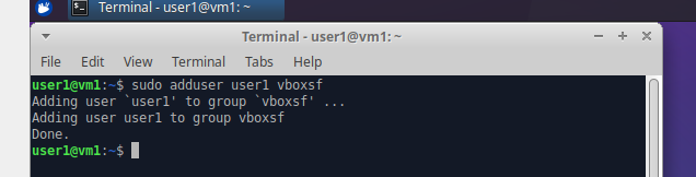 Command line showing user added to group vboxsf