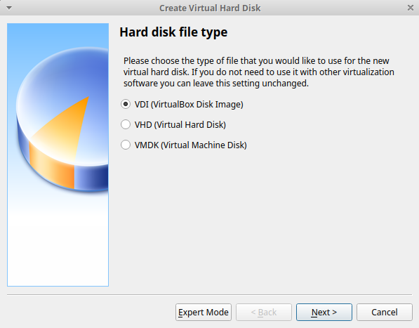 Screenshot of selection of virtual hard disk type