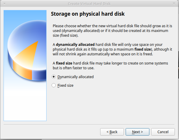 Screenshot of selection of virtual hard disk type (dynamic / fixed size) 