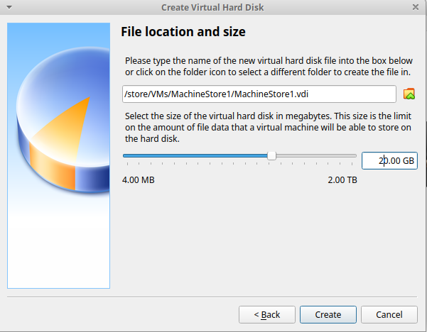 Screenshot of selection of virtual hard disk size