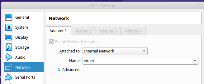 Screenshot of a VirtualBox Manager pop-up for a VM looking at network settings. "Internal network" type selecte with name "intnet"
