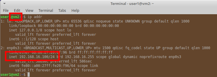 Command line output showing IP address details of VM2