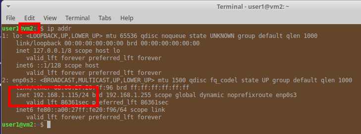 Command line output showing IP address details of VM2