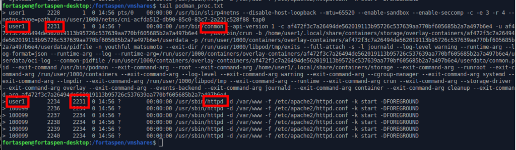 Command line output showing Linux processes run by Podman.