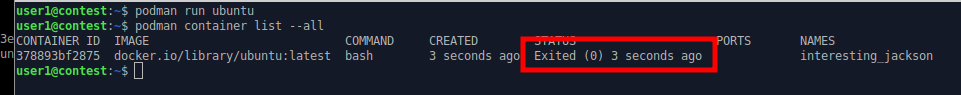command line image of creating a container from the Ubuntu image and it exiting in 3 seconds.