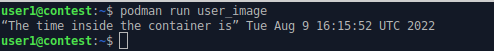 command line output of running the new image as a container and getting a message output.