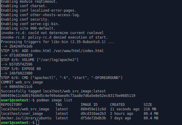 command line output of building the web server image which is present in the local store.