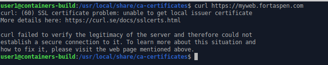 command line output showing curl rejecting request due to lack of certificate.