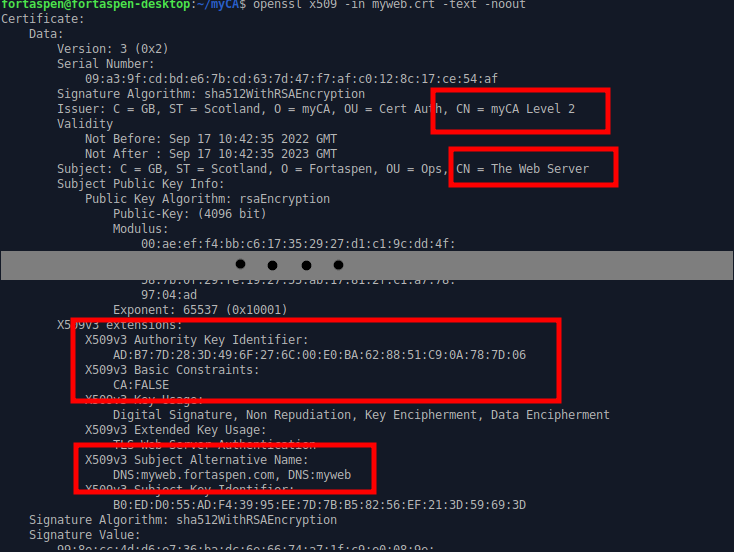 OpenSSL output showing the contents of the signed digital certificate file.