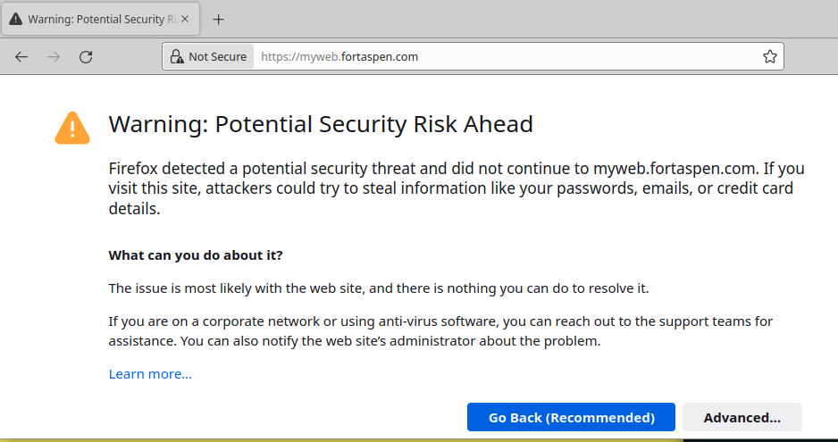 Browser warning of "security risk"