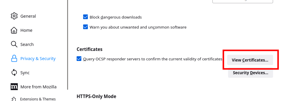 Browser settings screen with certificate management button highlighted