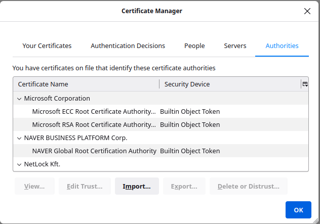 Certificate Manager pop up window.