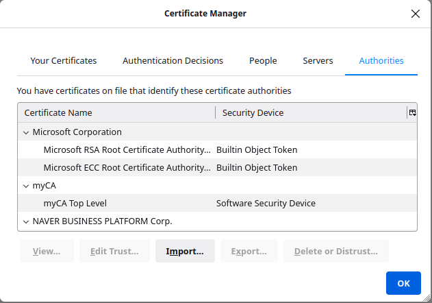 Certificate Manager pop up window with the newly created certificate in place.