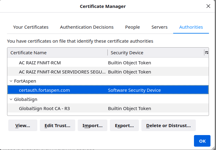 image of browser certificate manager showing local certification authority uploaded.