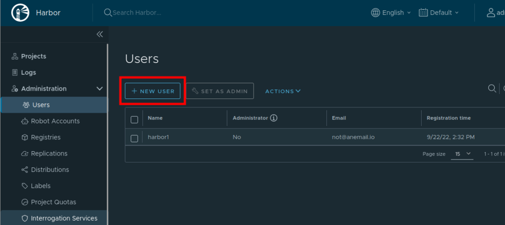 screenshot of harbor's user manage screen with "new user" button highlighted.