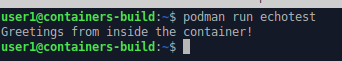 command line output showing execution of test container.