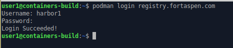 command line output of connecting the podman client with the registry