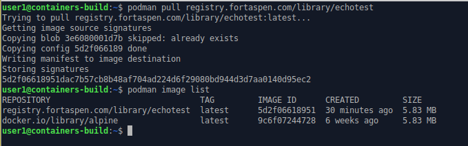 command line output showing download of image from registry to local store