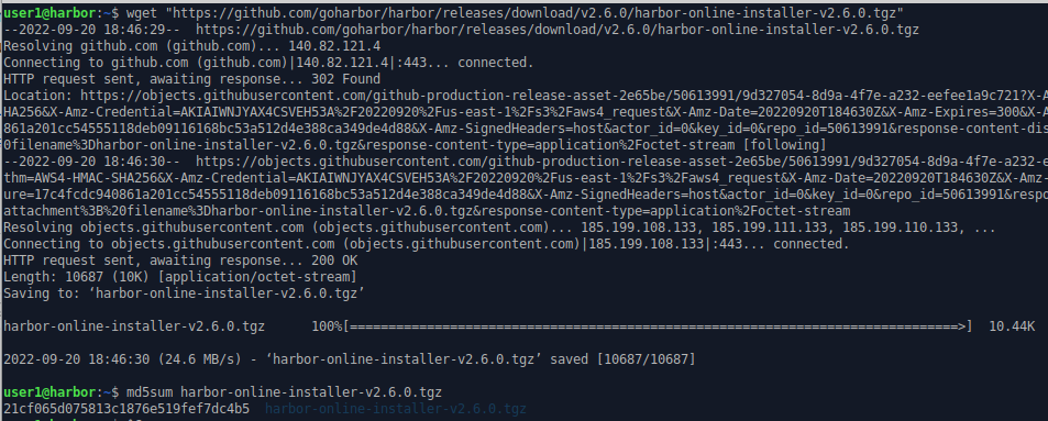 command line showing download of harbor installer and checksum generation.