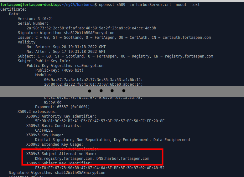 Command line output showing OpenSSL output of certificate highlighting expected hostname.