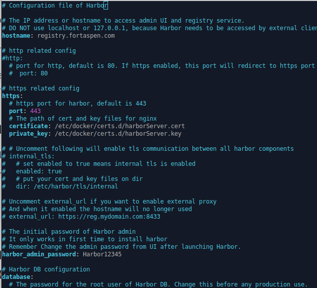 harbor configuration file edited to include certificate files and hostname.