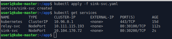 command line output showing creation of Kubernetes service (sink service) to allow inbound TCP requests.