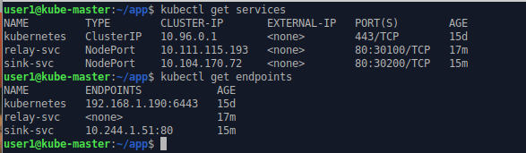 command line output listing active services and endpoints.