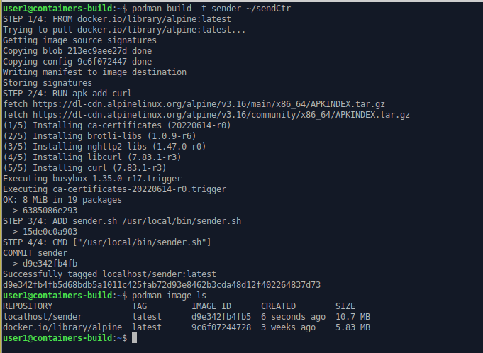 Command line output of build of sender container image