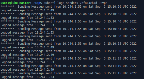 command line output showing the log of one of the senders.