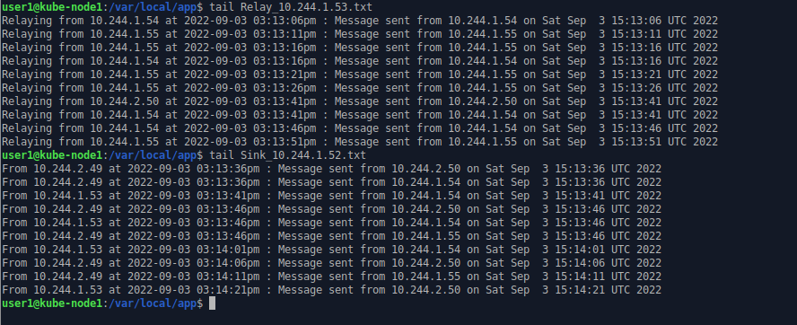 command line output showing the log of one of the relays and sinks.