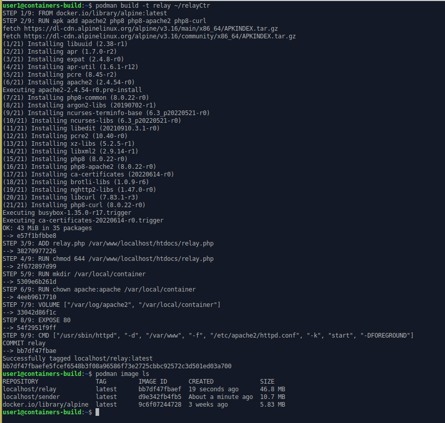 command line image of build of relay container image